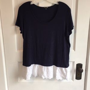 Navy/White Tee with eyelet lace hem